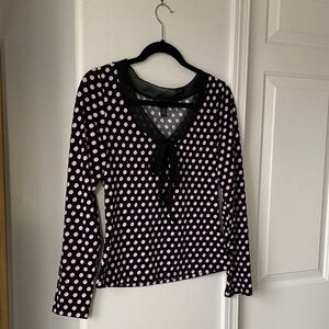 INC International Concepts - Black and Pink Polka Dot V-Neck Tie Front Blouse